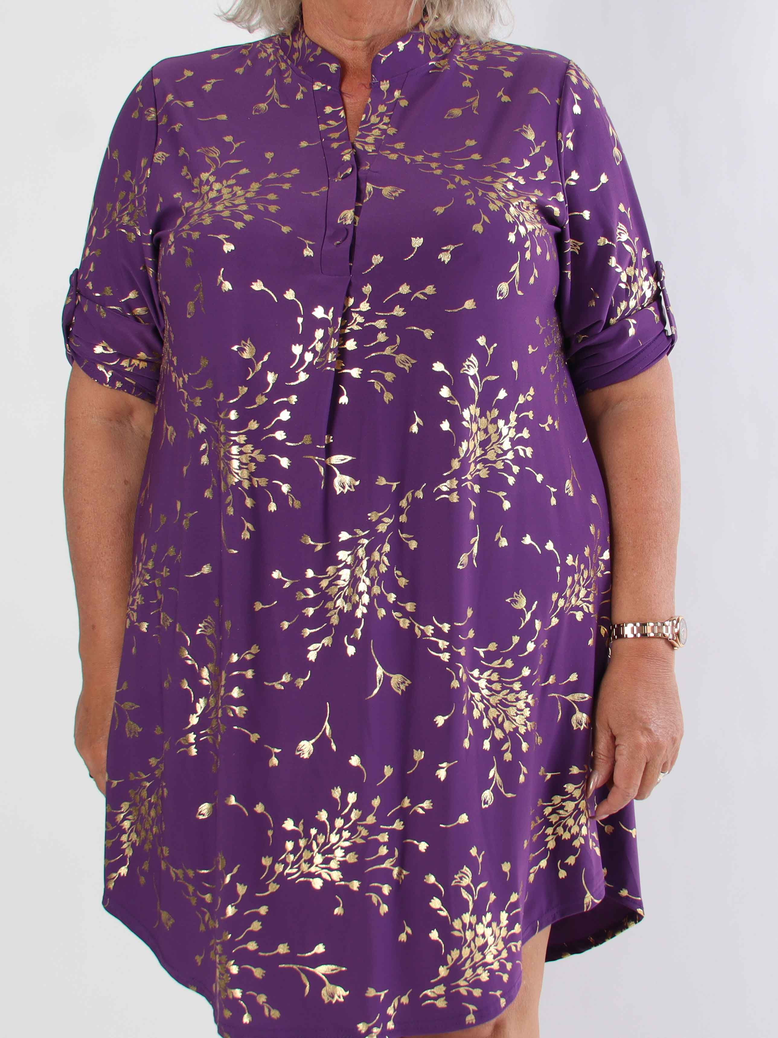 Ebba Gold Leaf Long - Elastisk ensfarvet plus size kjole med guld blomsterprint